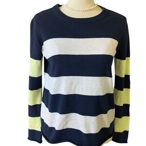 Lisa Todd Striped Navy and Lime Sweater 100 % cotton size xsmall but runs big